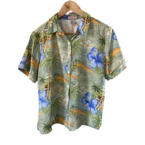 Jamaica Bay 100% Rayon tropical hibiscus mother of pearl button down shirt M